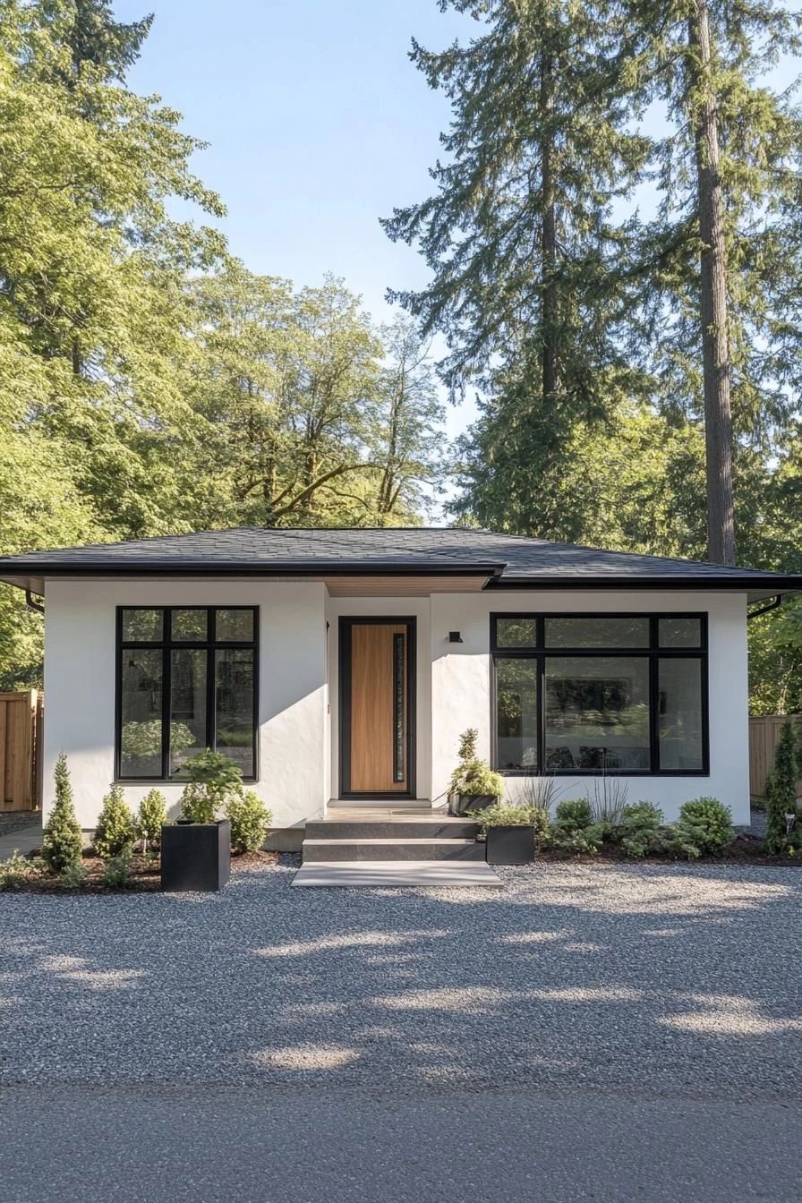 White ranch-style home exterior with black trim windows
