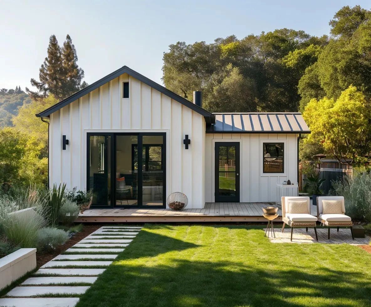 Backyard cottage addition with deck