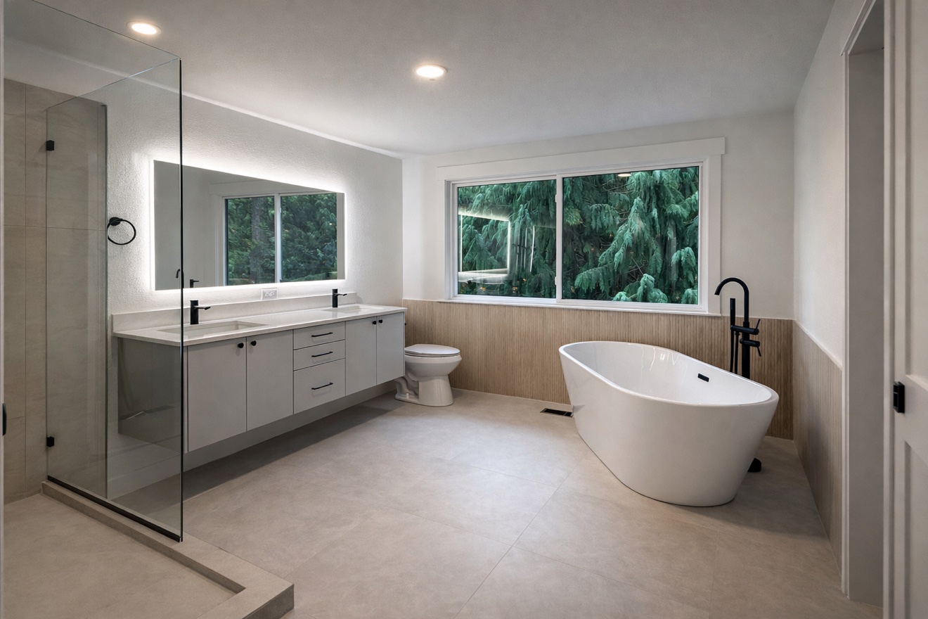 Modern bathroom with black fluted vanity, marble-look tile and full-room view