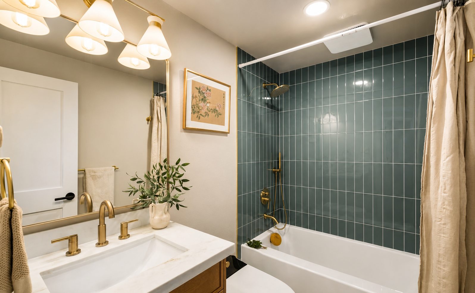 Bathroom with teal tile tub and shower surround