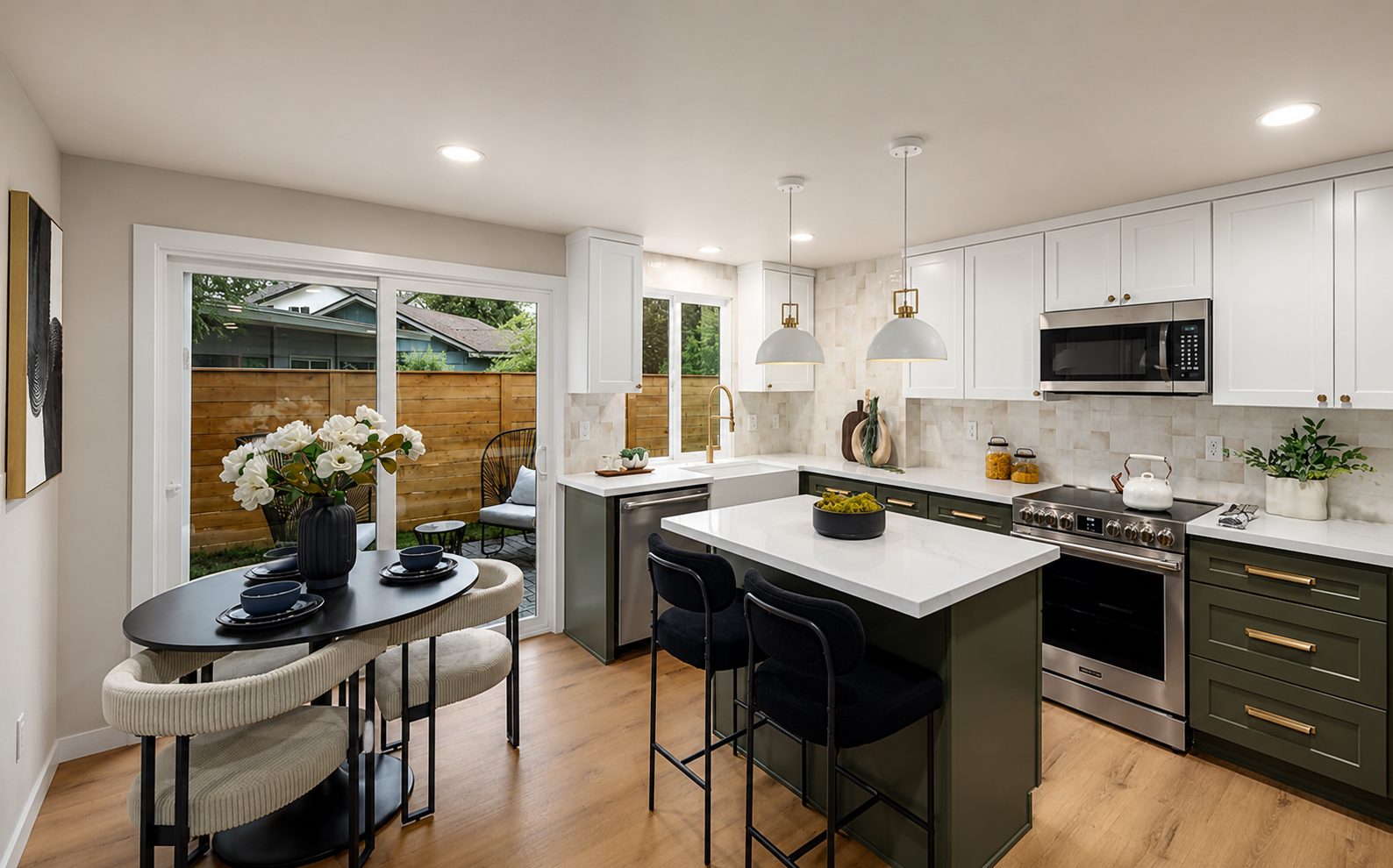 Green shaker kitchen with white upper cabinets, island seating and brass hardware