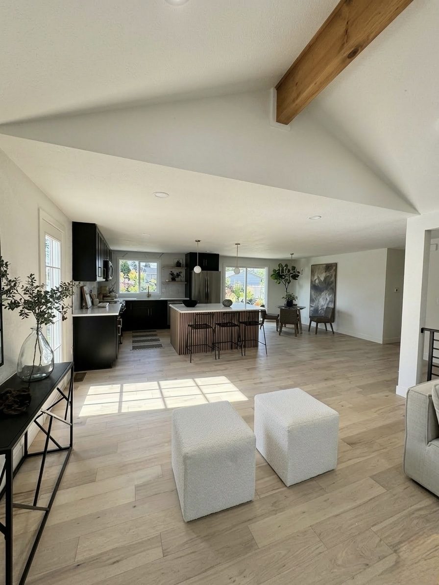 Black open-concept kitchen with wood slat island and vaulted wood beam ceiling