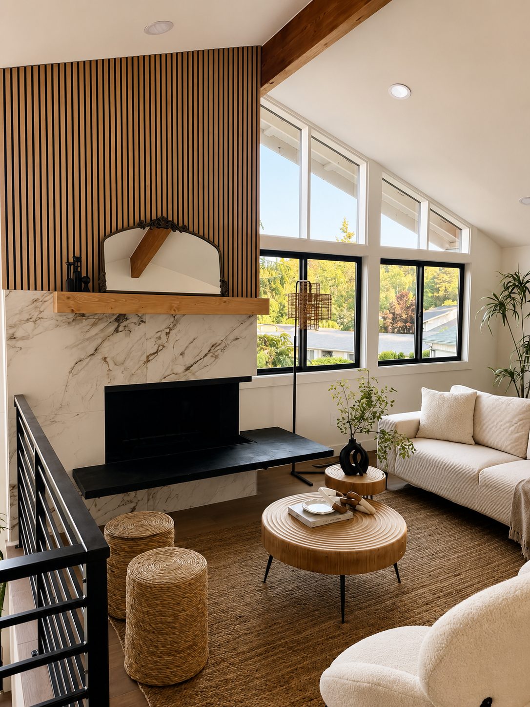 Vaulted living room with wood slat and marble fireplace