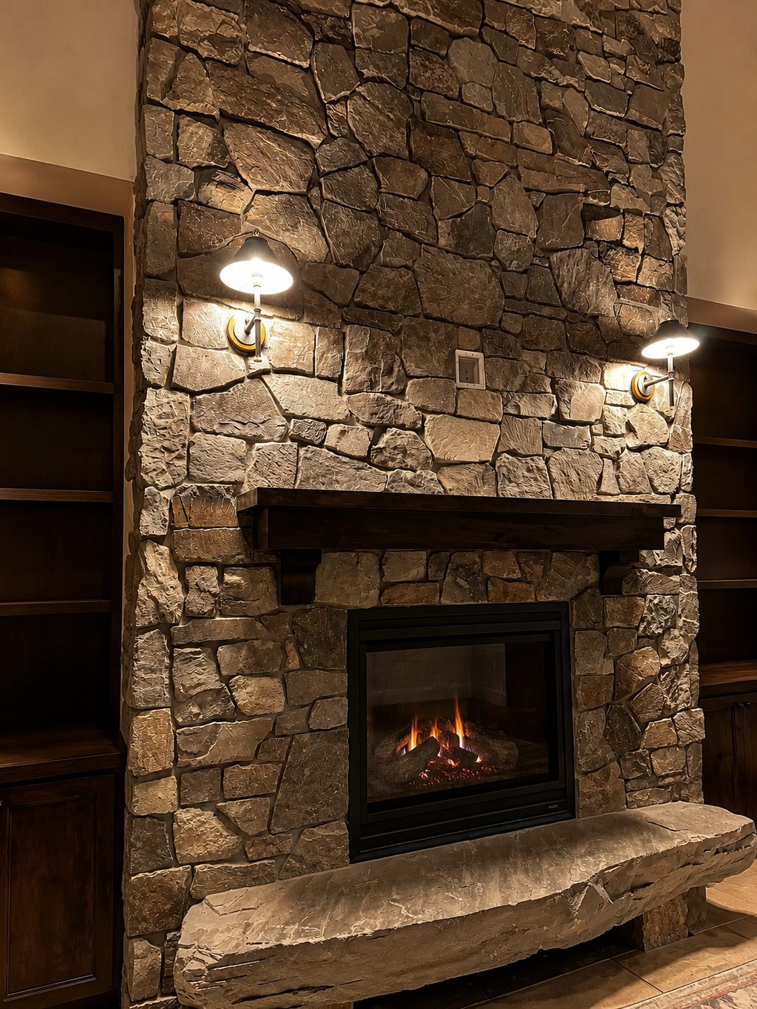 Living room with tall stone fireplace and built-ins, evening