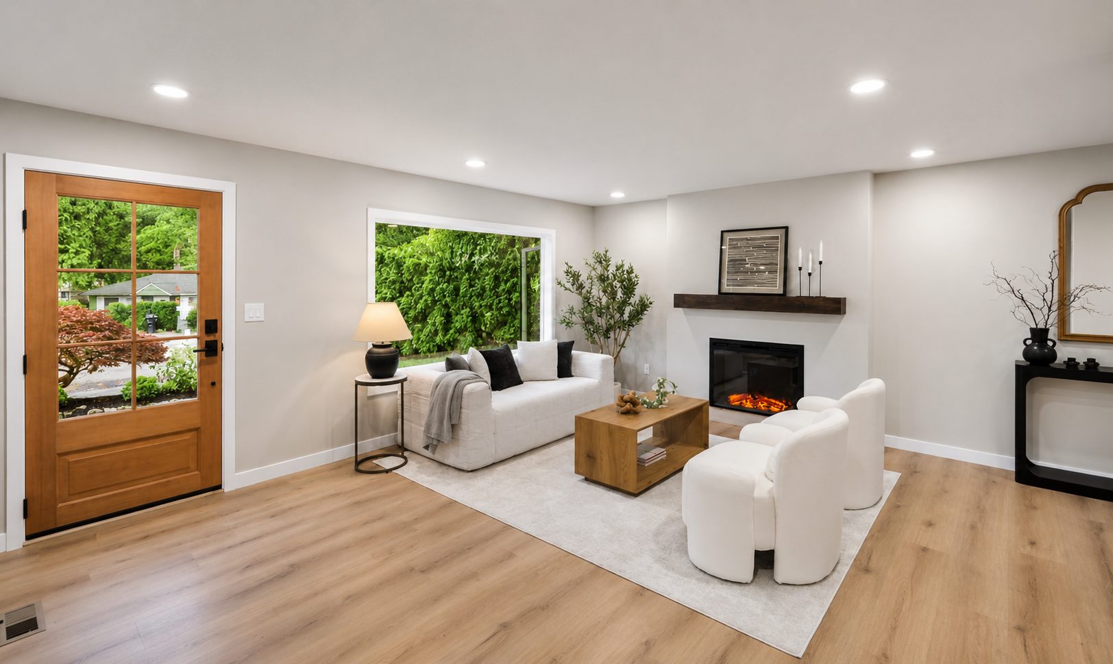 Staged living room with linear fireplace and wood-and-glass entry door